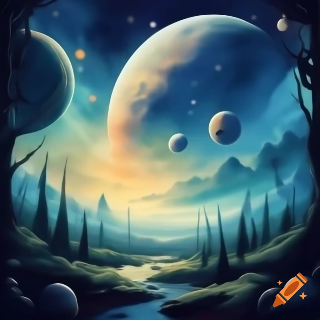 Alien forest under beautiful skies with distant planets and stars