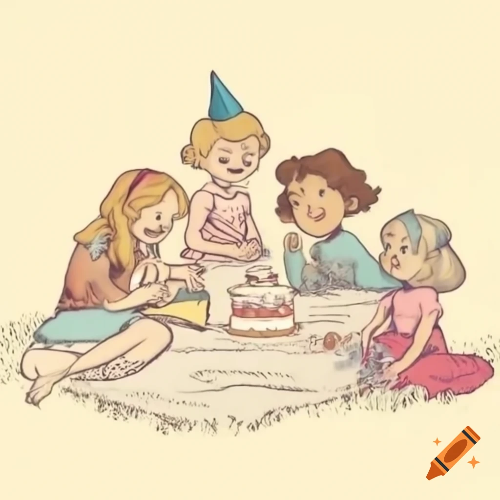 Group of three girls and one guy laughing with a birthday cake at a picnic in the park