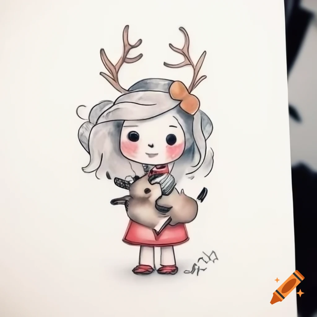 Tattoo sketch of cute girl holding reindeer