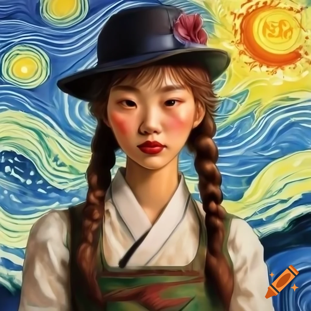 Korean woman in Rockabilly attire, animated in Van Gogh style, with sun-kissed skin