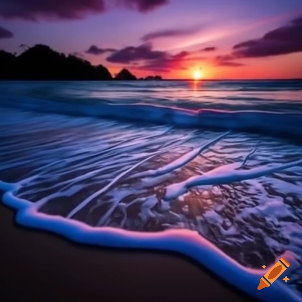 Realistic portrait of beach with sand and blue ocean at sunset