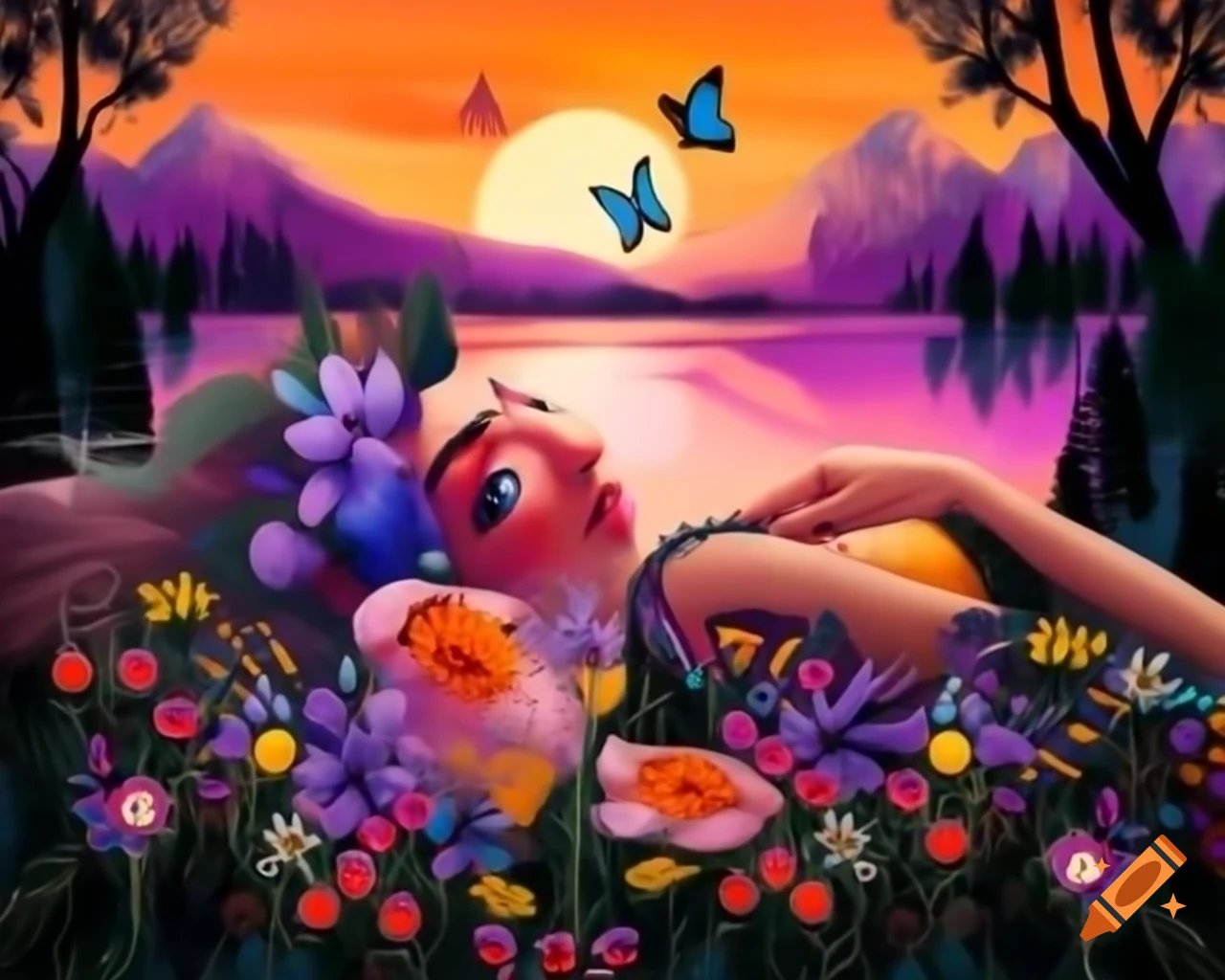Enchanting woman with colorful hair, wildflowers, and butterflies against a stunning sunset