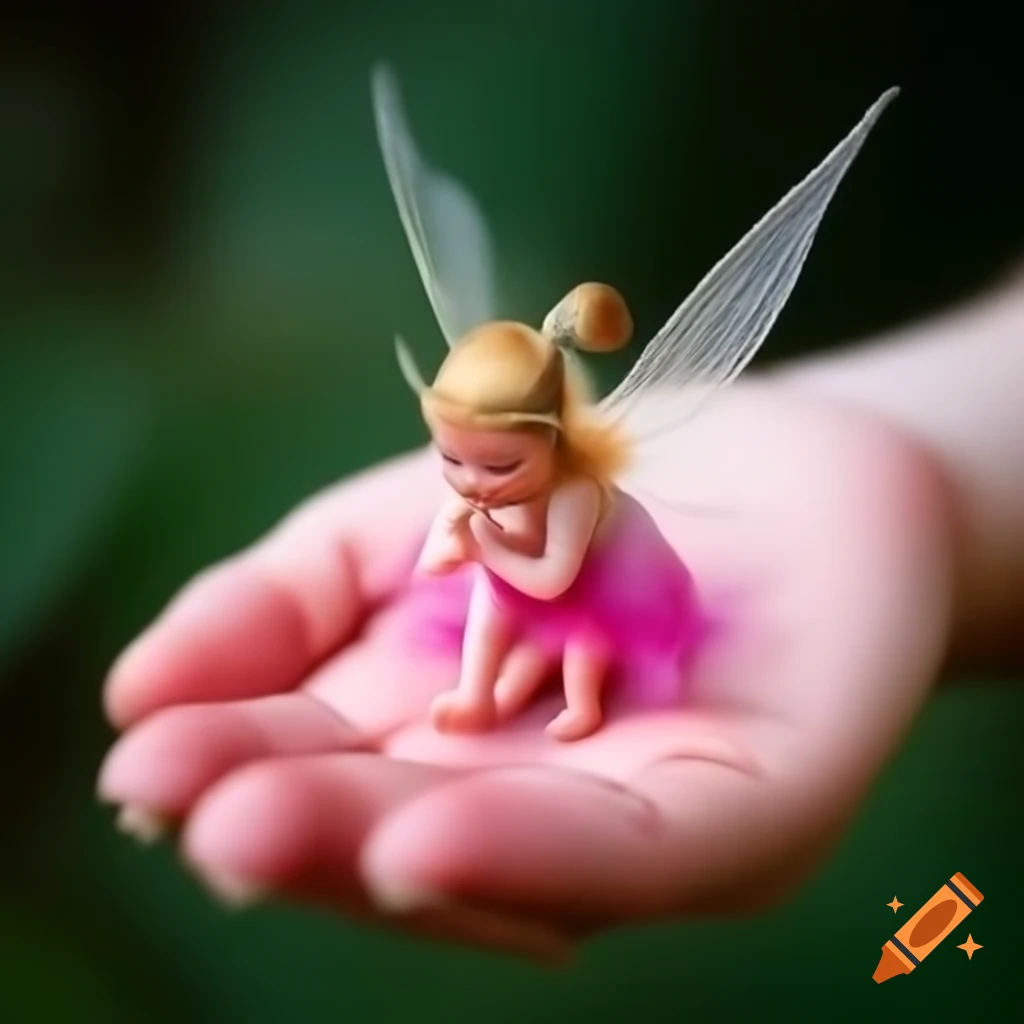 Tiny pink fairy in the palm of a hand
