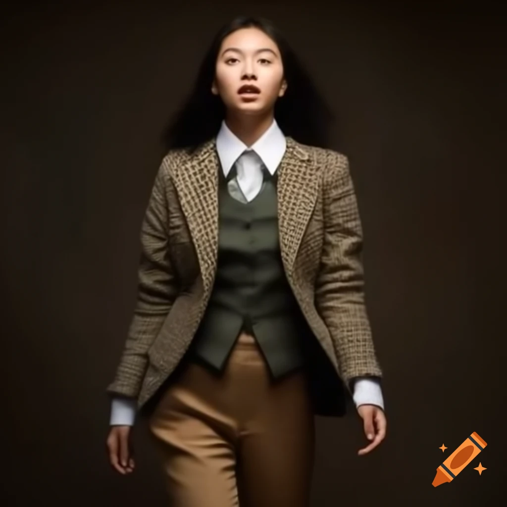 Asian woman in Norfolk jacket and walking dress playing music
