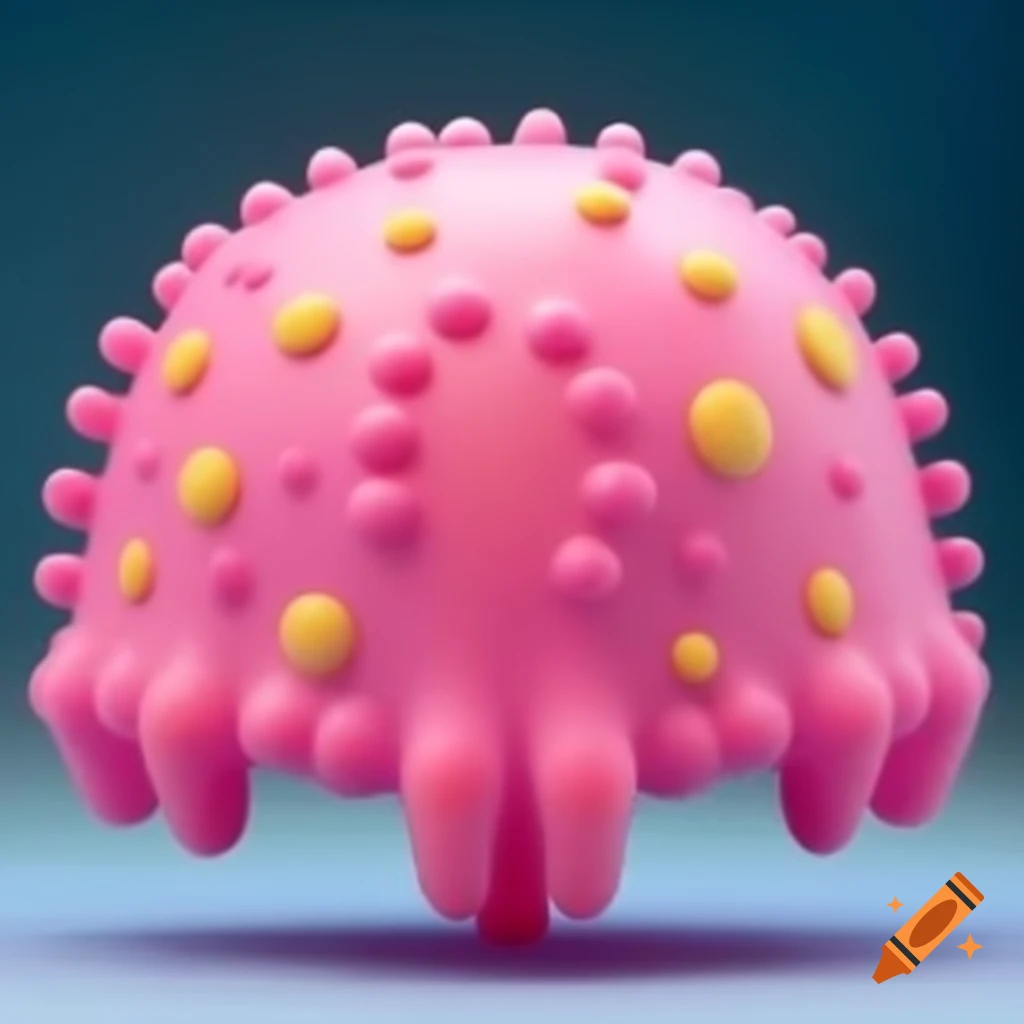 Pink blob of plasticine with tentacles and yellow spots