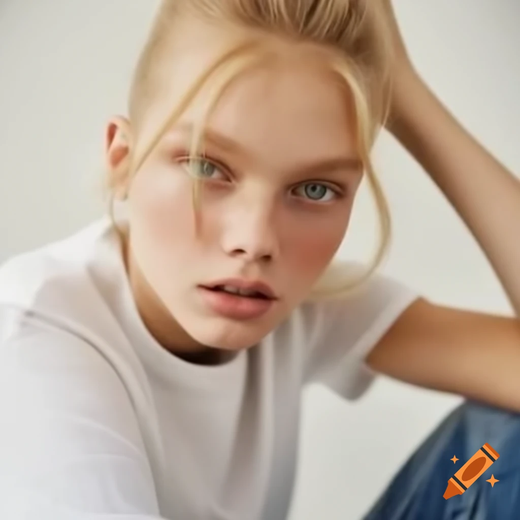 Athletic young woman with blonde hair and almond-shaped eyes in casual attire