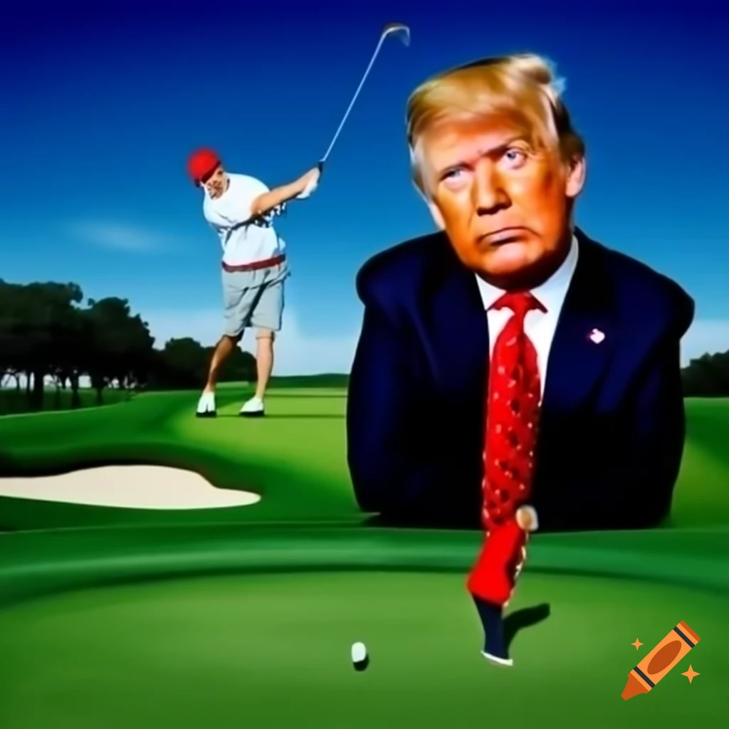 Satirical photorealistic depiction of a humorous scene with a golfer and a giant alligator