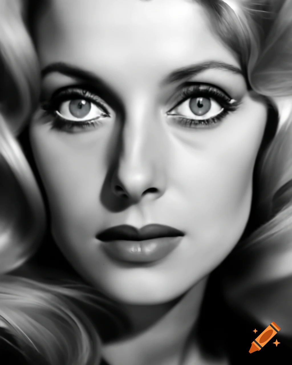 Hyper-realistic black and white photo of European actress from 1963 with striking blue eyes and wavy golden hair