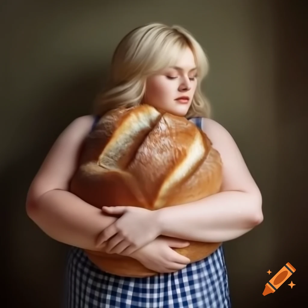 Chubby blonde woman playfully kissing a piece of bread