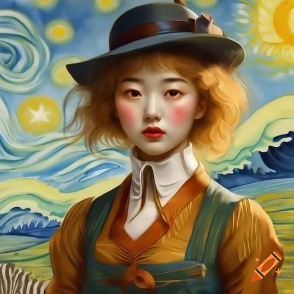 Korean woman in Rockabilly attire in animated Van Gogh style, watercolor elements