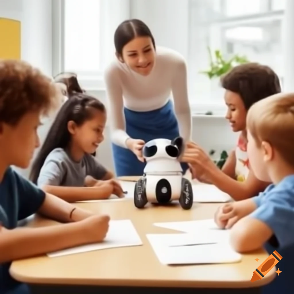 Classroom with 30 happy students and a robot, engaging in technology