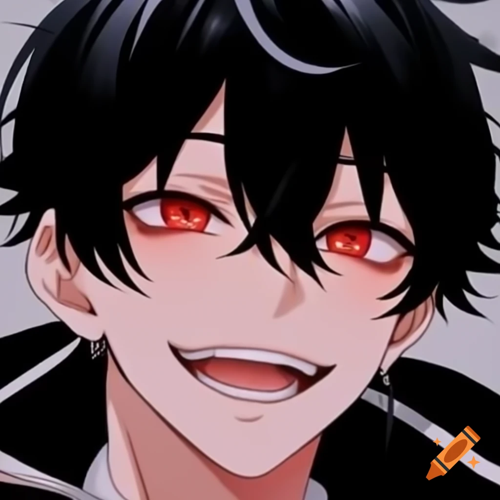 Anime character with black hair, red eyes, and mischievous grin