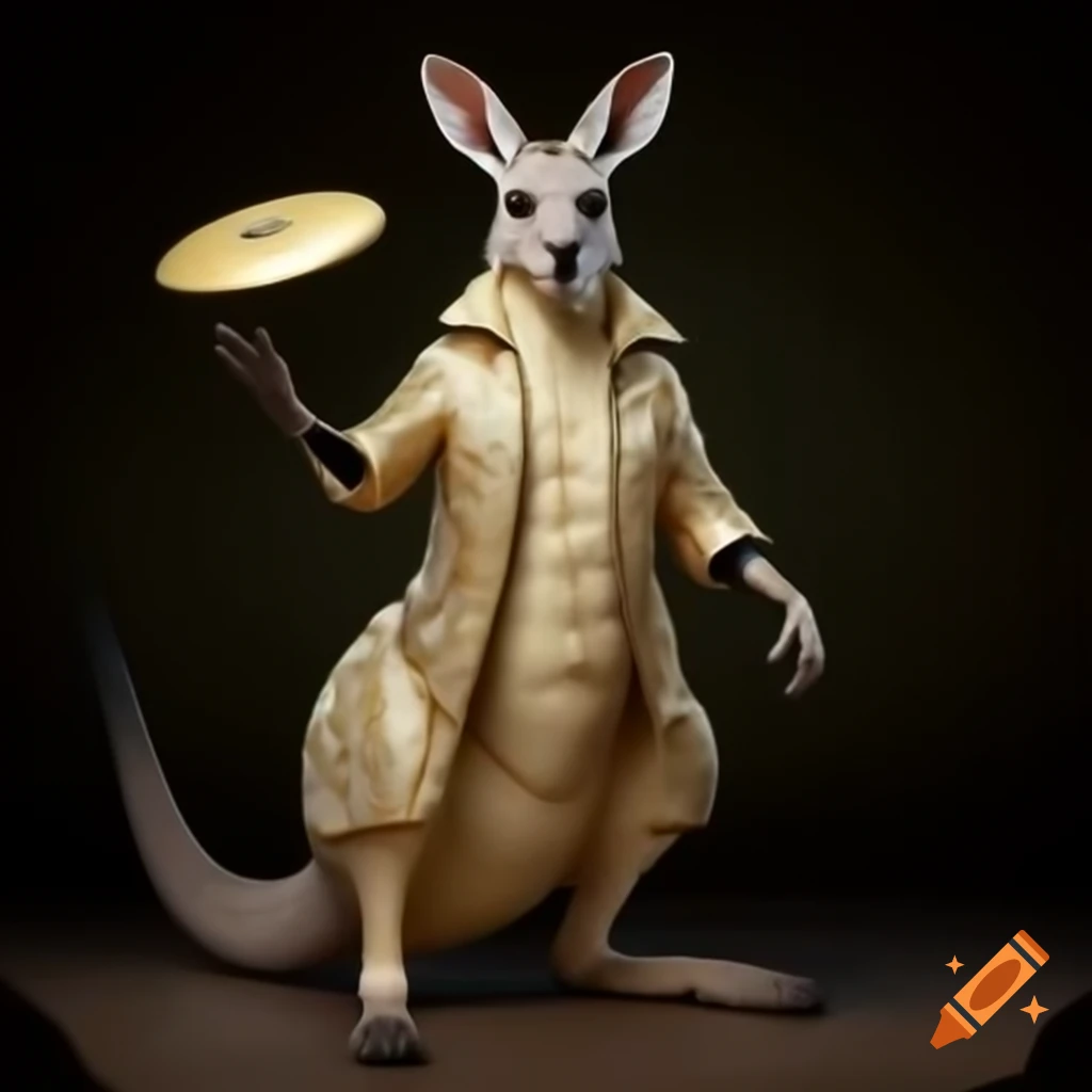 Majestic kangaroo with gold flake coat holding a frisbee