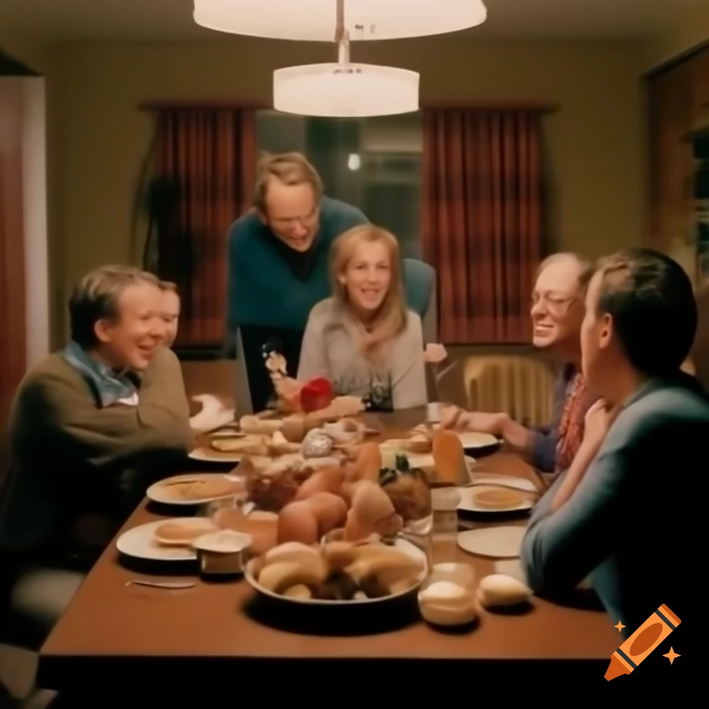 Family gathered around dinner table enjoying Thanksgiving dinner