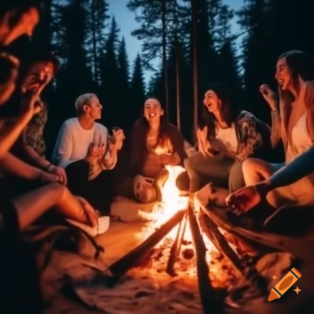 Group of people enjoying a party around a campfire