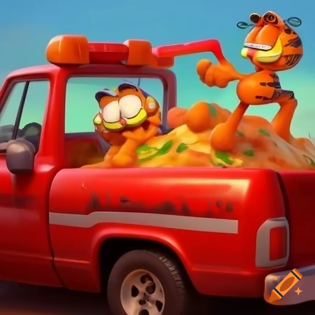 Garfield the cat in lasagna pickup truck with trucker hat on craiyon