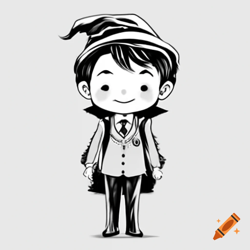Young male wizard in school dress, standing and smiling, black and white
