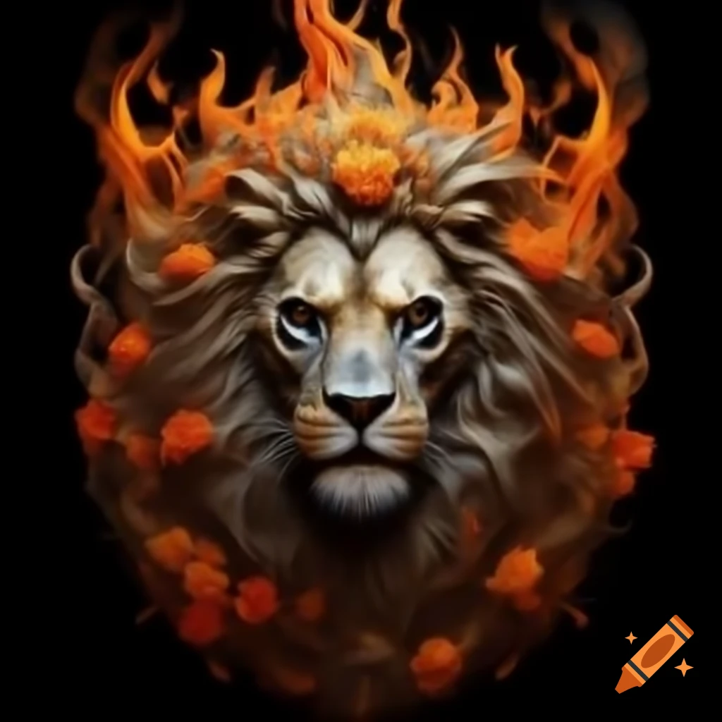 Skeleton lion logo adorned with flowers and flames