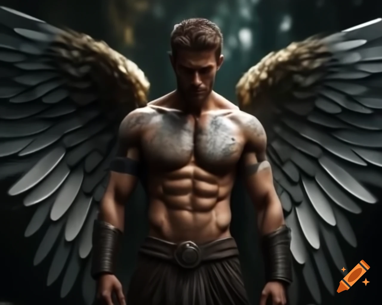 Photorealistic warrior with golden and silver angel wings, bokeh effect
