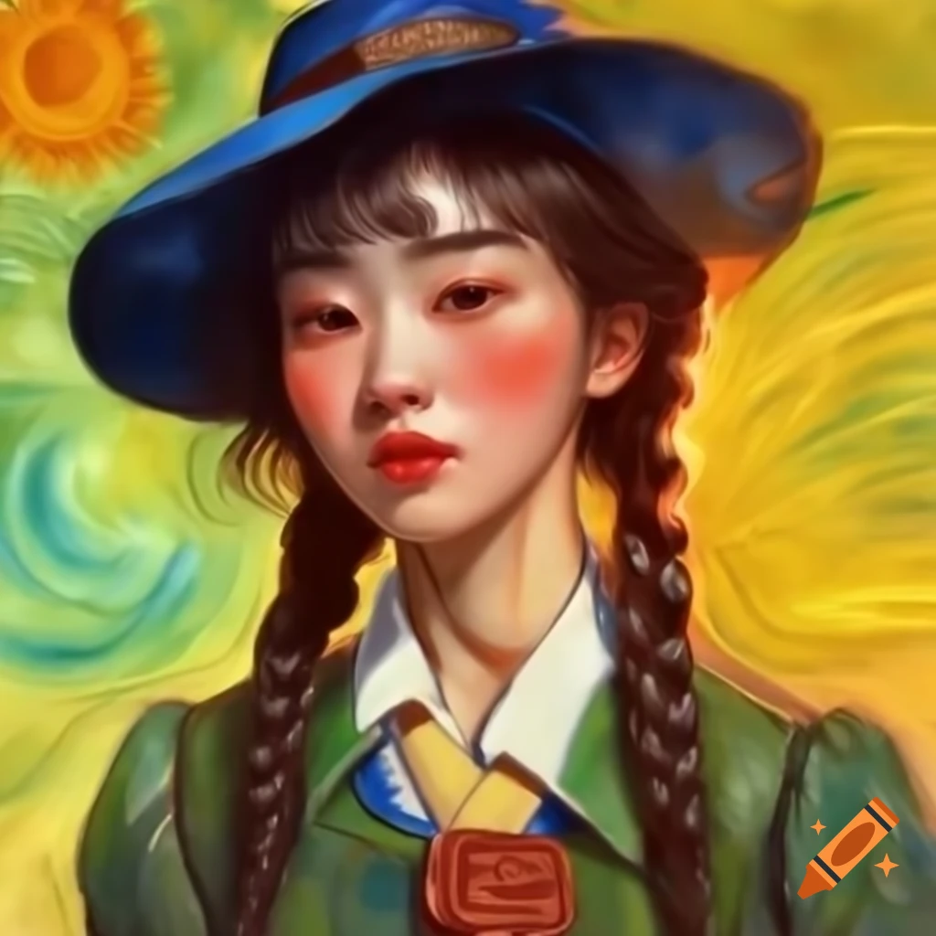Portrait of Korean woman in Rockabilly attire, animated style with watercolor and Rembrandt influences