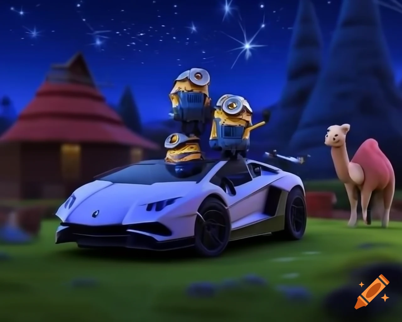 Minions on Lamborghini in Indian village under starry night with camels nearby
