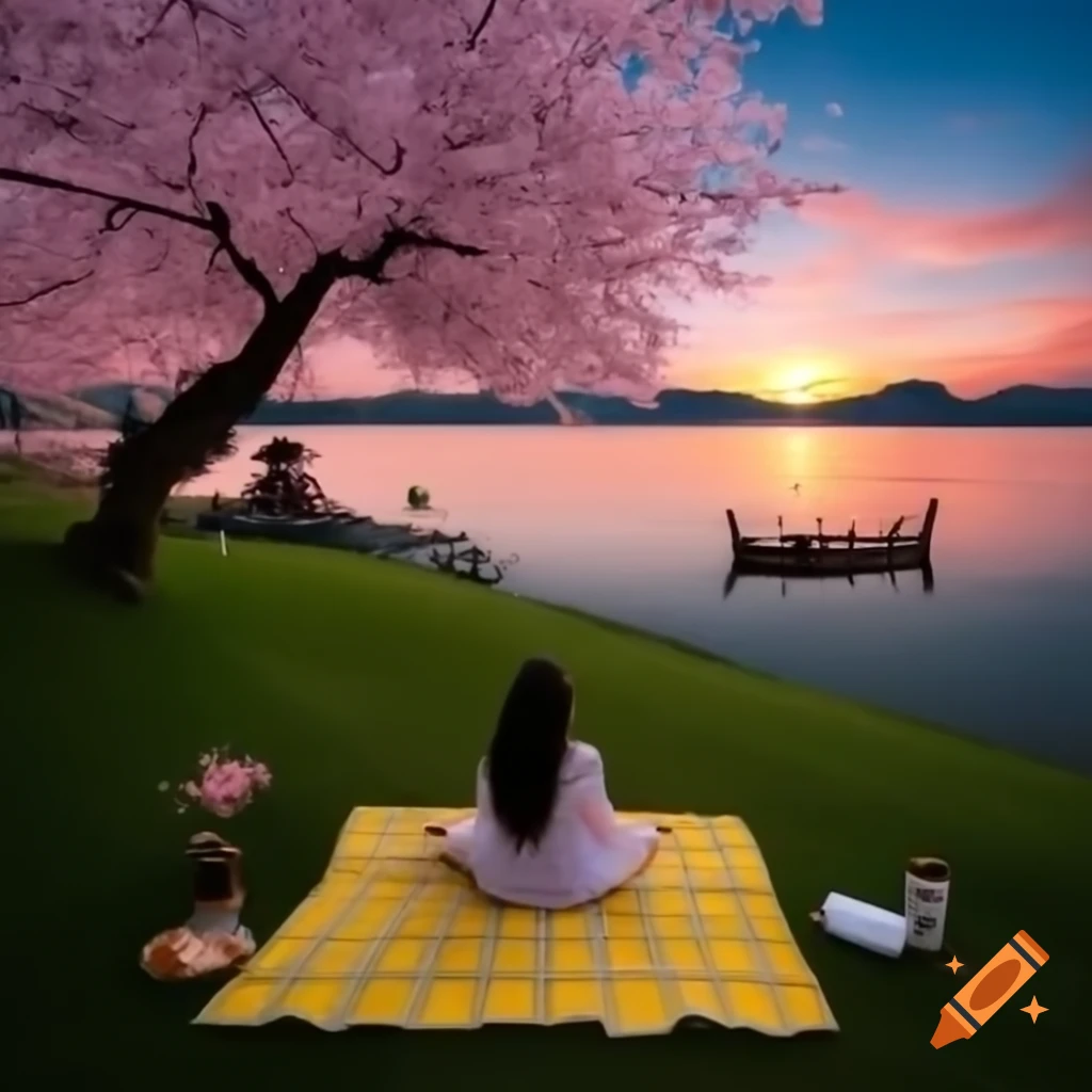 Woman setting up picnic under cherry blossom tree at sunset near calm water