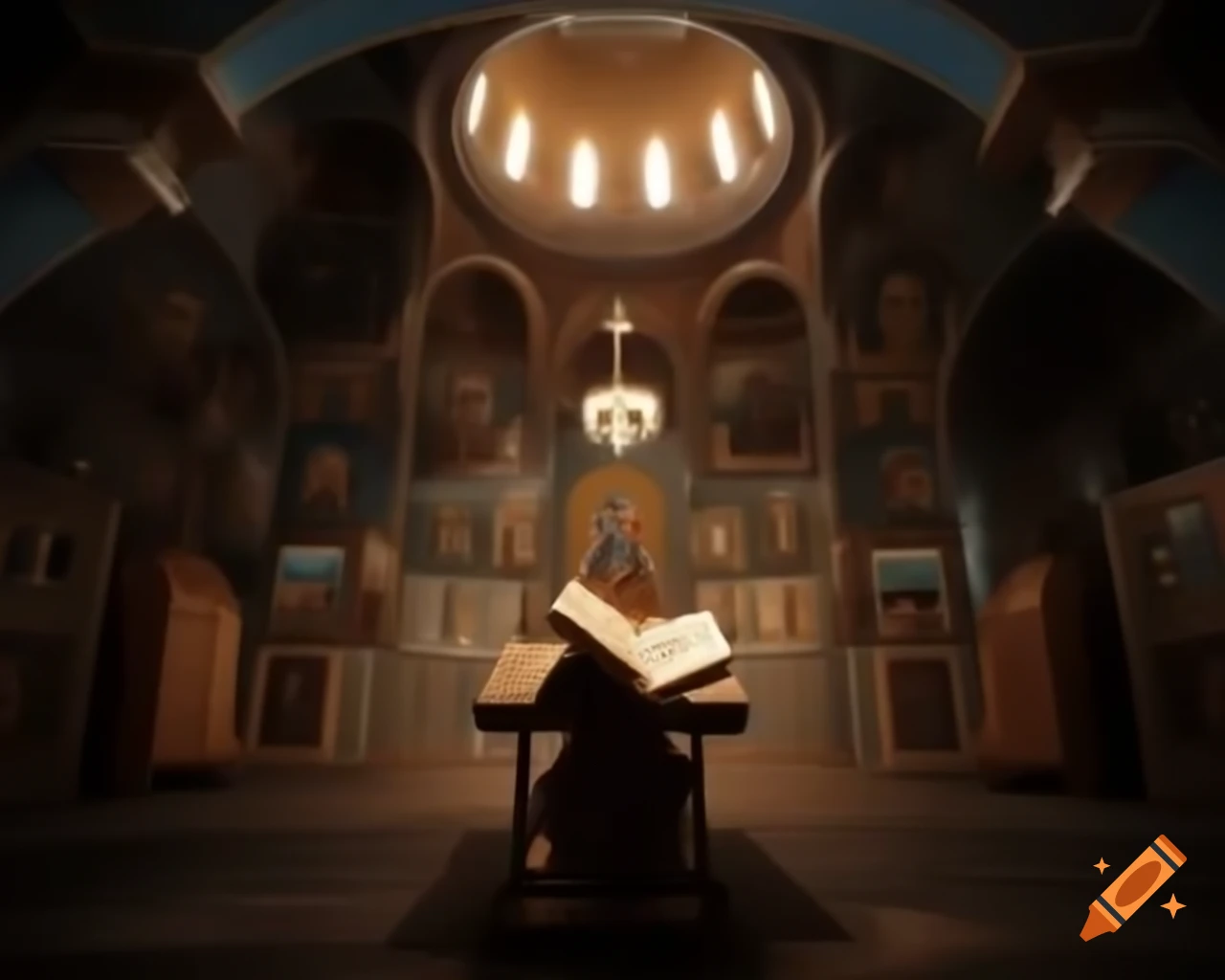 Open book on table in church with illuminated icons and harmony