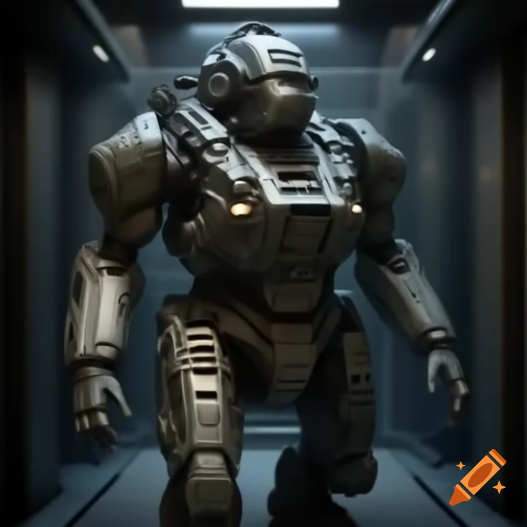Futuristic elevator to the moon with soldiers in high-tech armor and rifles