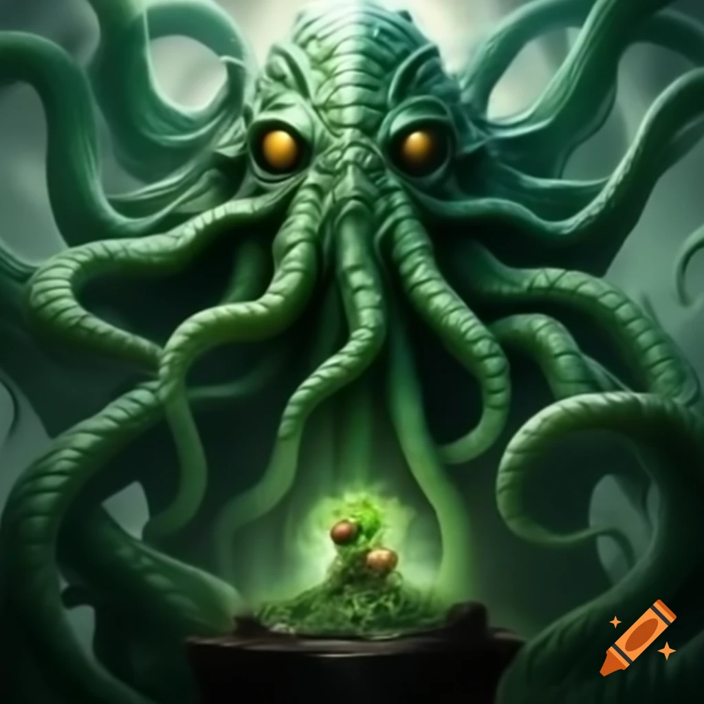 Cthulhu confronting a giant duck in a surreal scene