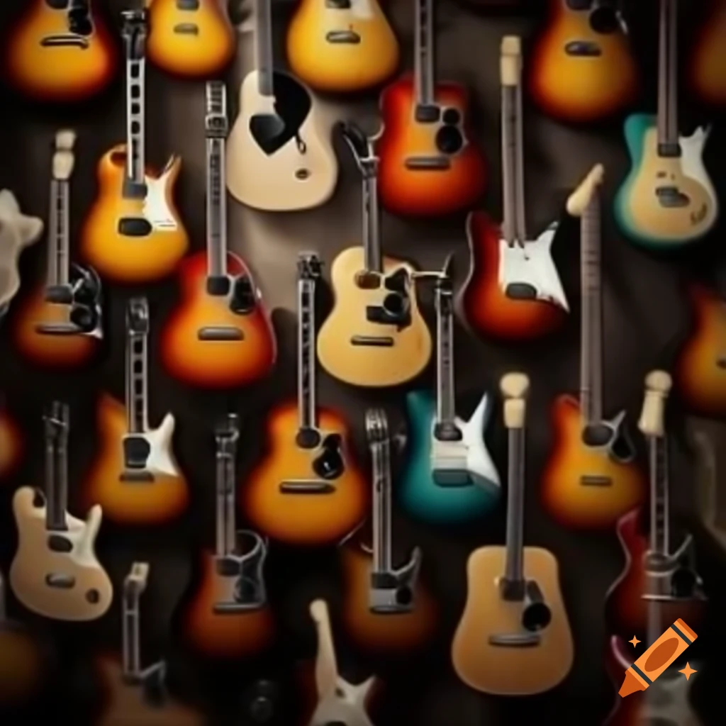 Collection of various guitars arranged artistically
