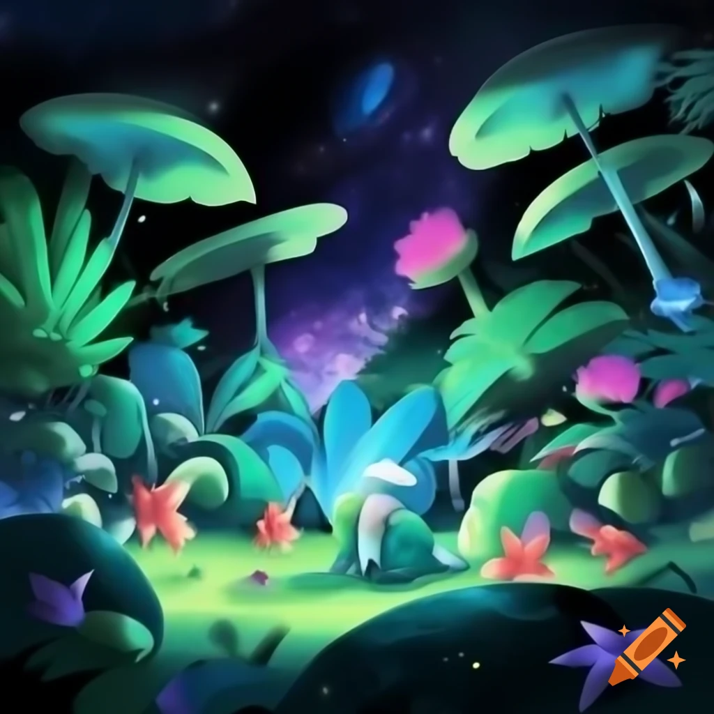 Viral anime nature wallpaper featuring a fantastical jungle temple with oversized plants and vibrant flowers