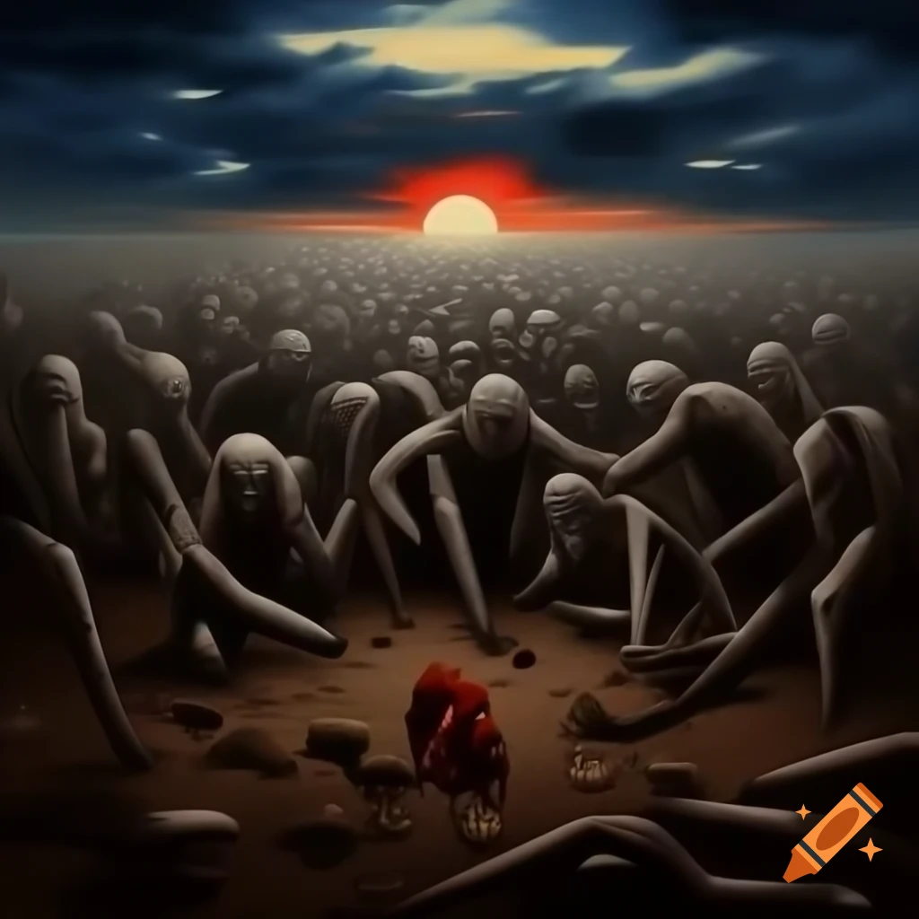 Surreal scene with broken men and red suns in dark sky