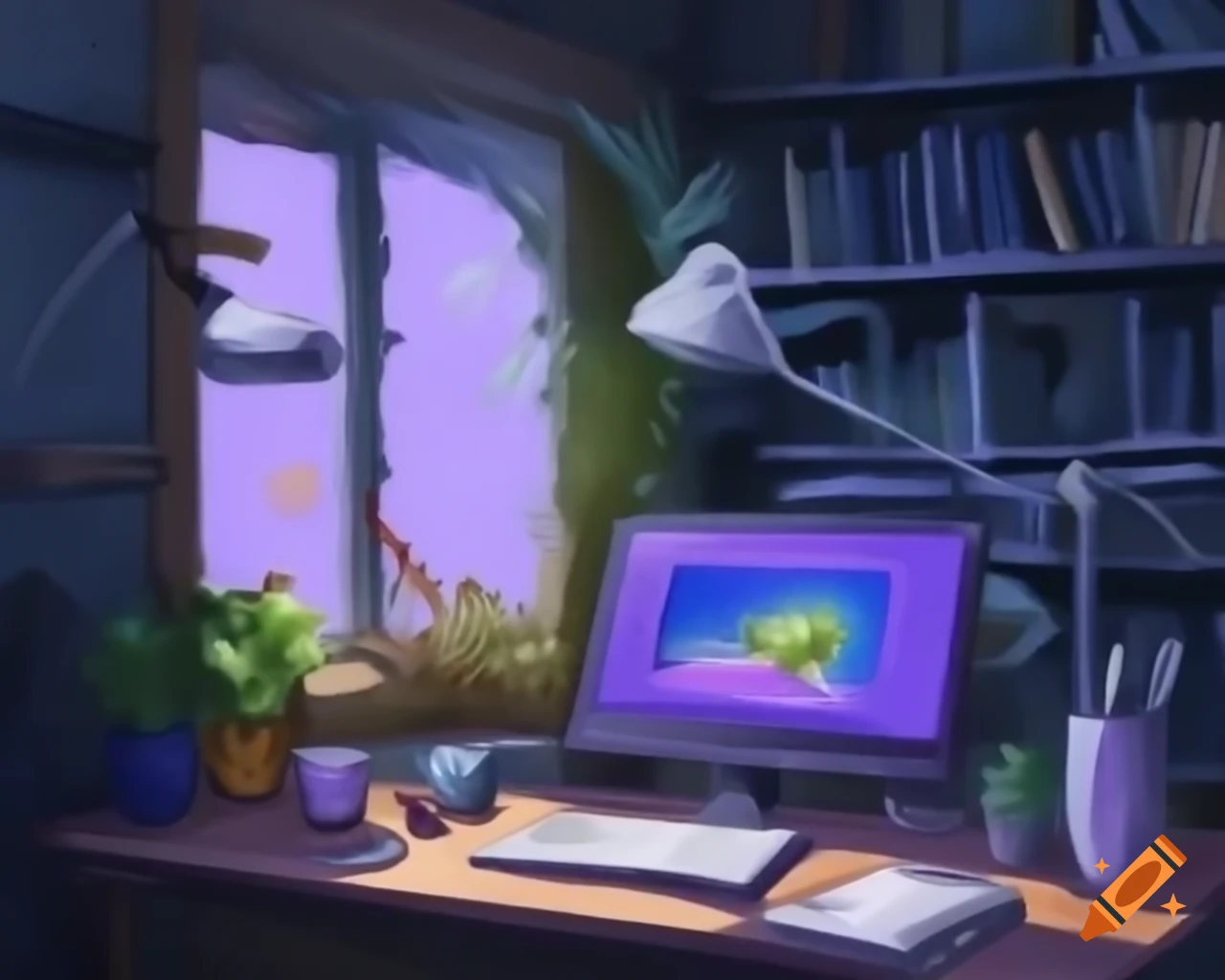 Computer setup in white and purple tones with bookshelf and succulent plants