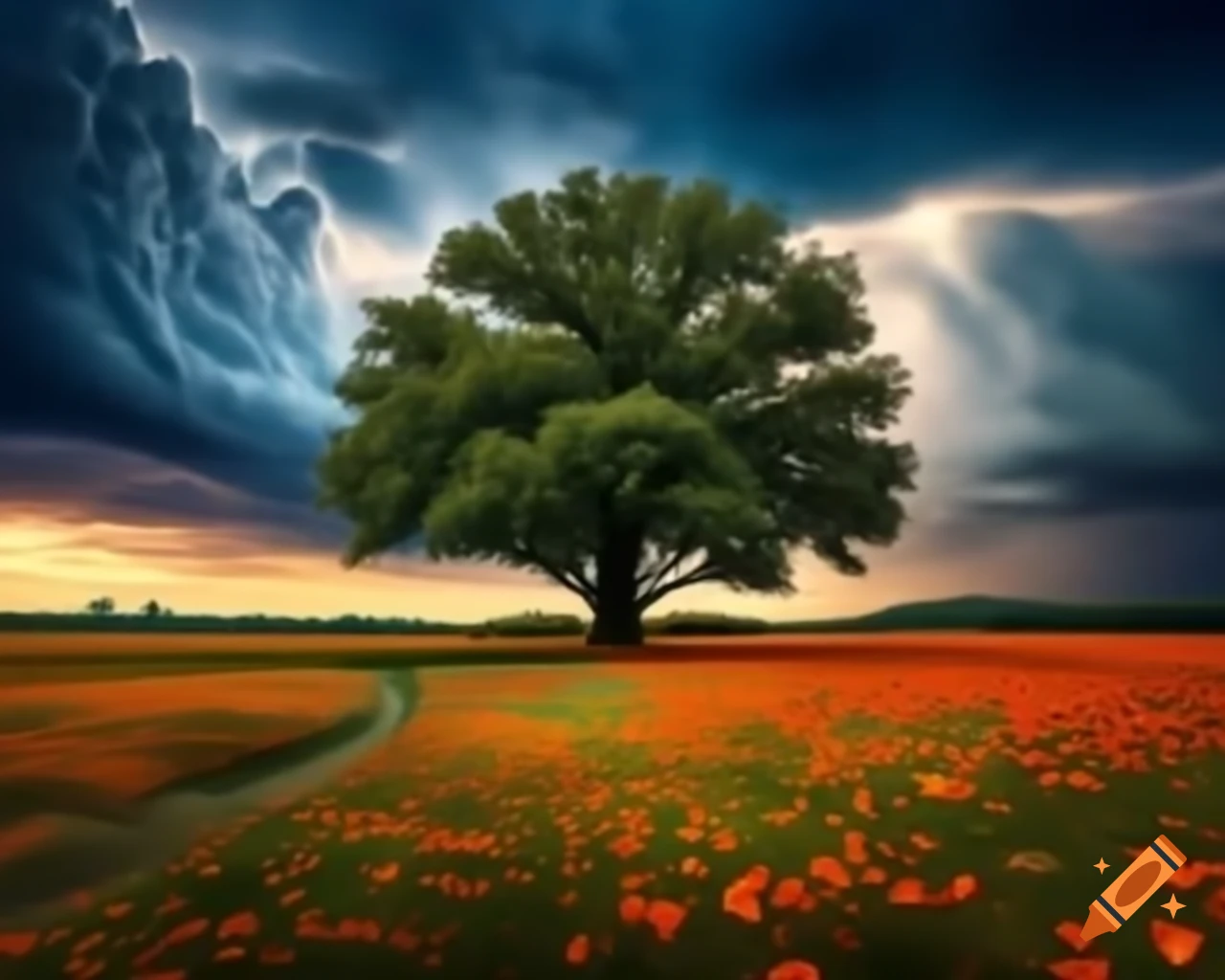 Surreal scene of oak tree in meadow with poppies and cornflowers during thunderstorm