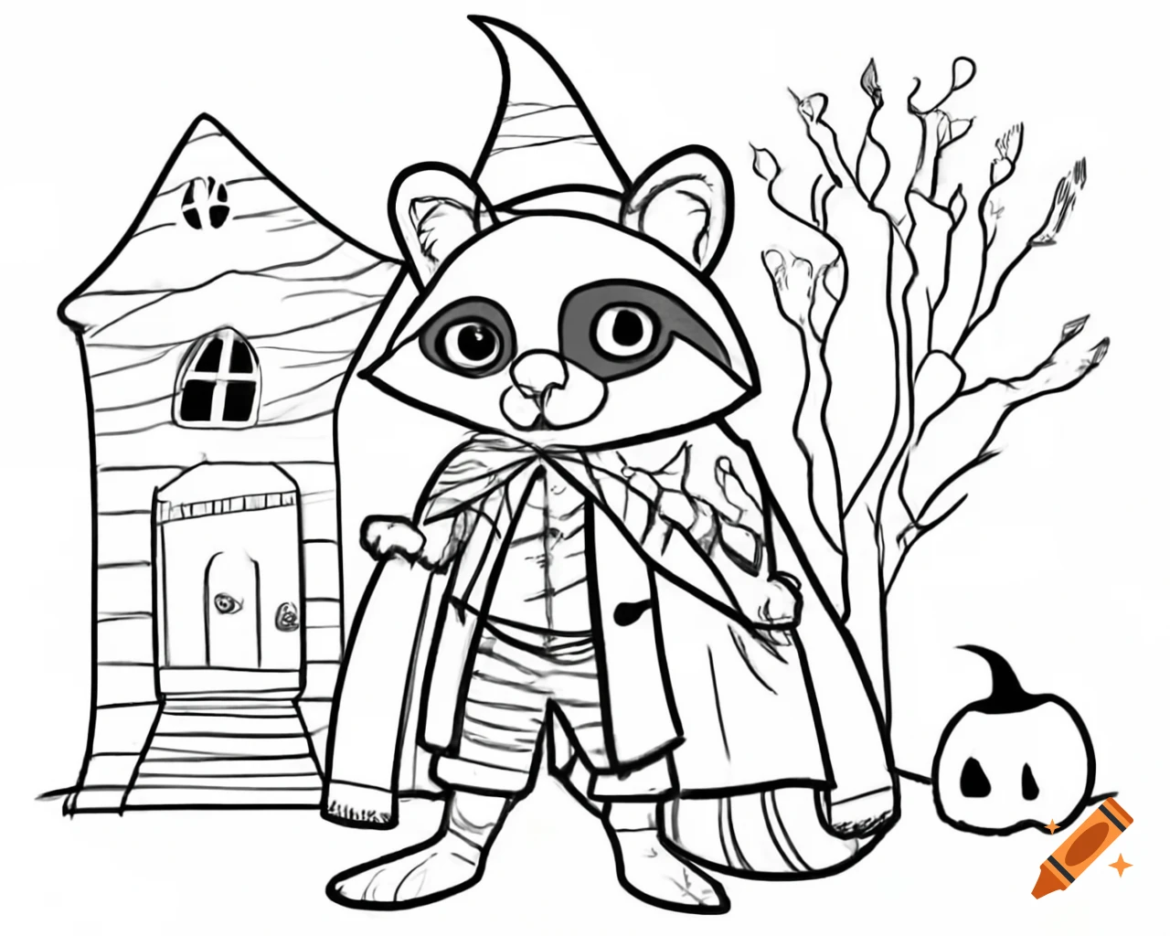 Raccoon in vampire cape next to haunted house, Halloween outline