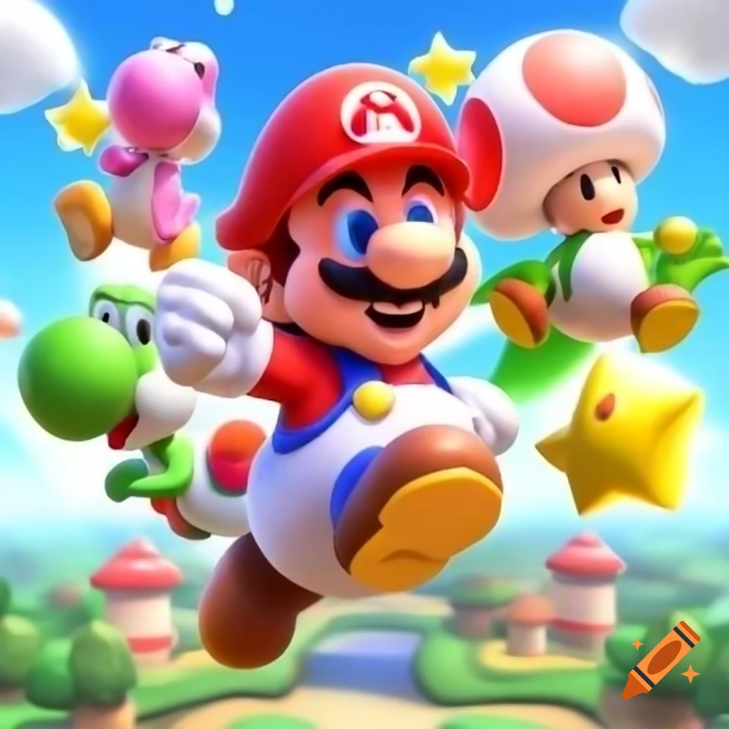 Mario riding Yoshi in a vibrant animated style