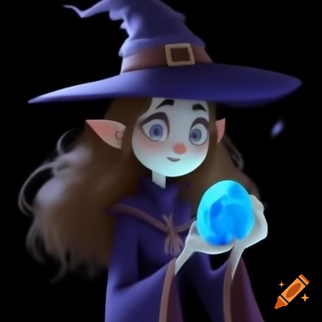 Witch holding a blue stone, mystical atmosphere