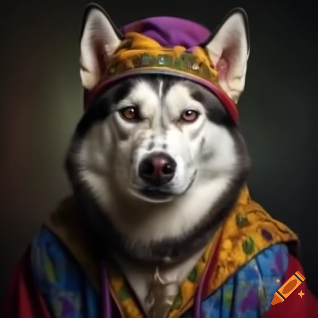 Husky dog dressed in Haitian attire