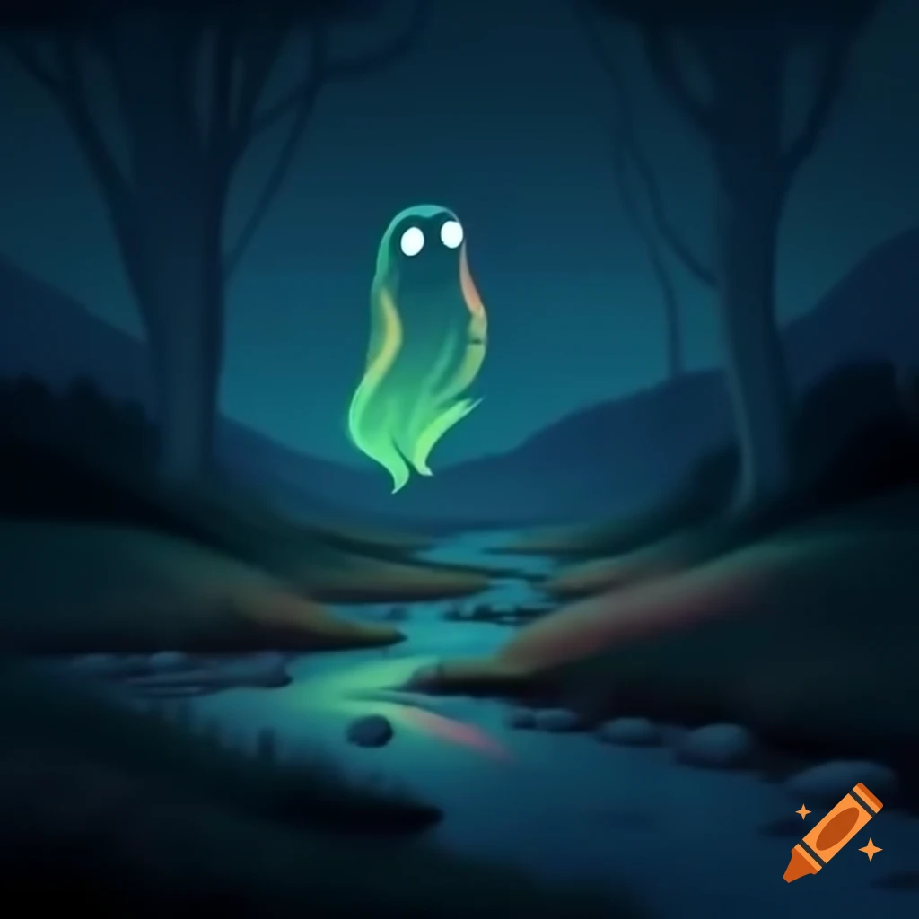 Cozy river at night with spirits flying above