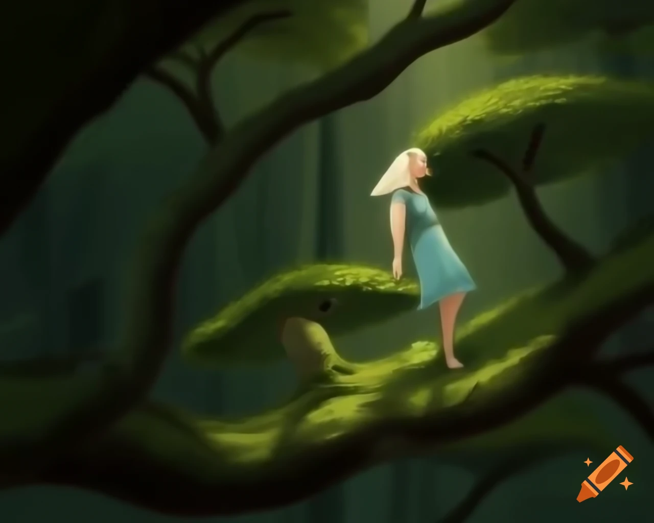 Human-like forest lady among trees