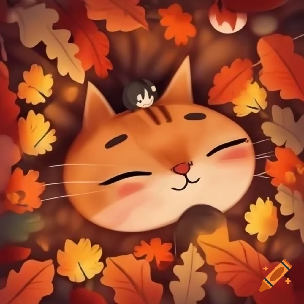 Cat enjoying autumn scenery with colorful leaves