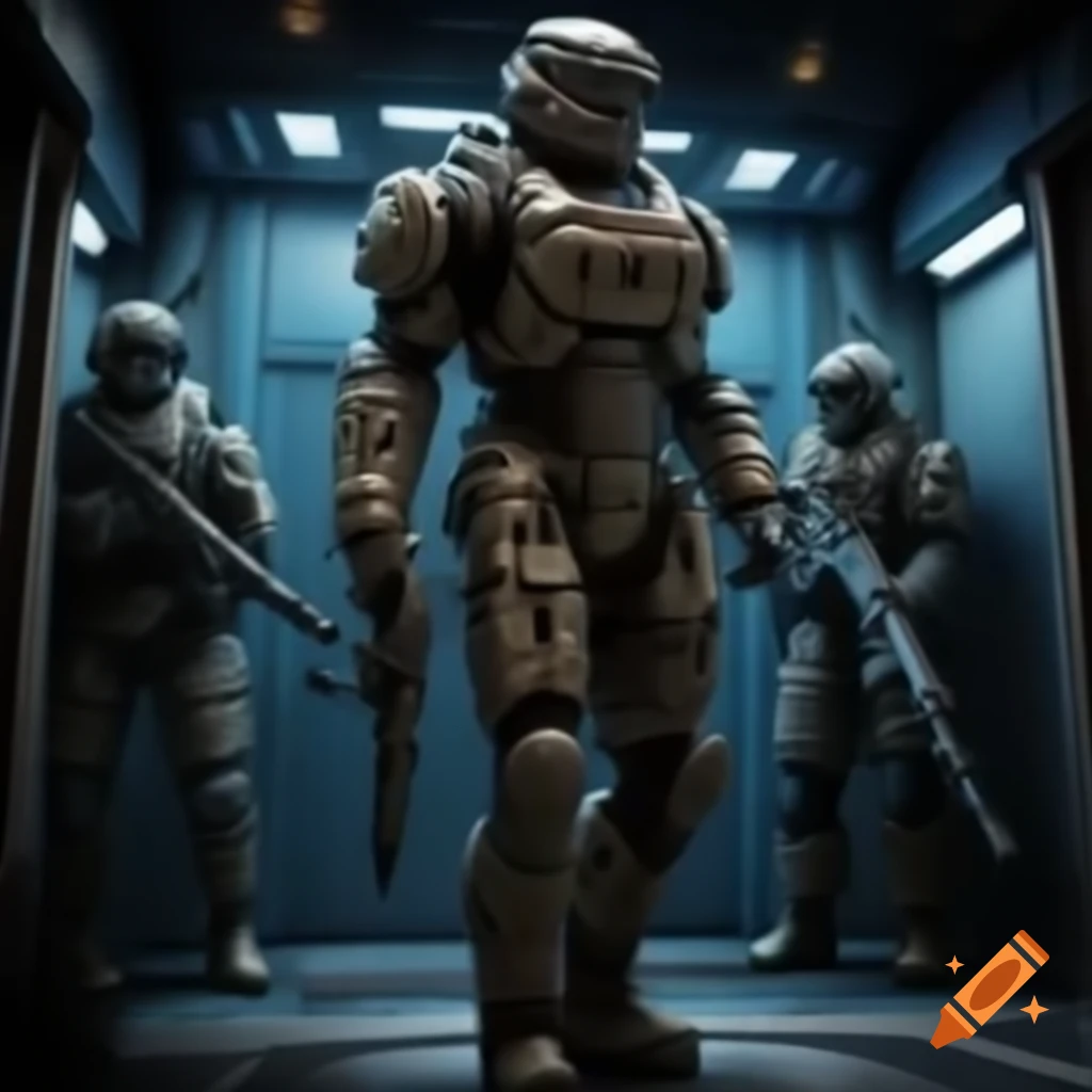 Futuristic elevator to the moon with soldiers in high-tech armor and rifles