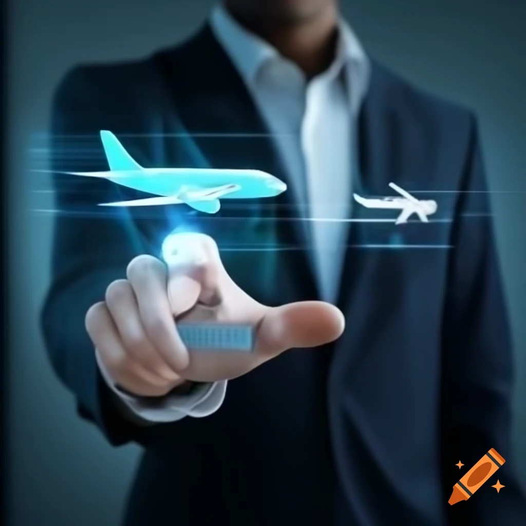 Hologram of plane with man in suit using digital tablet
