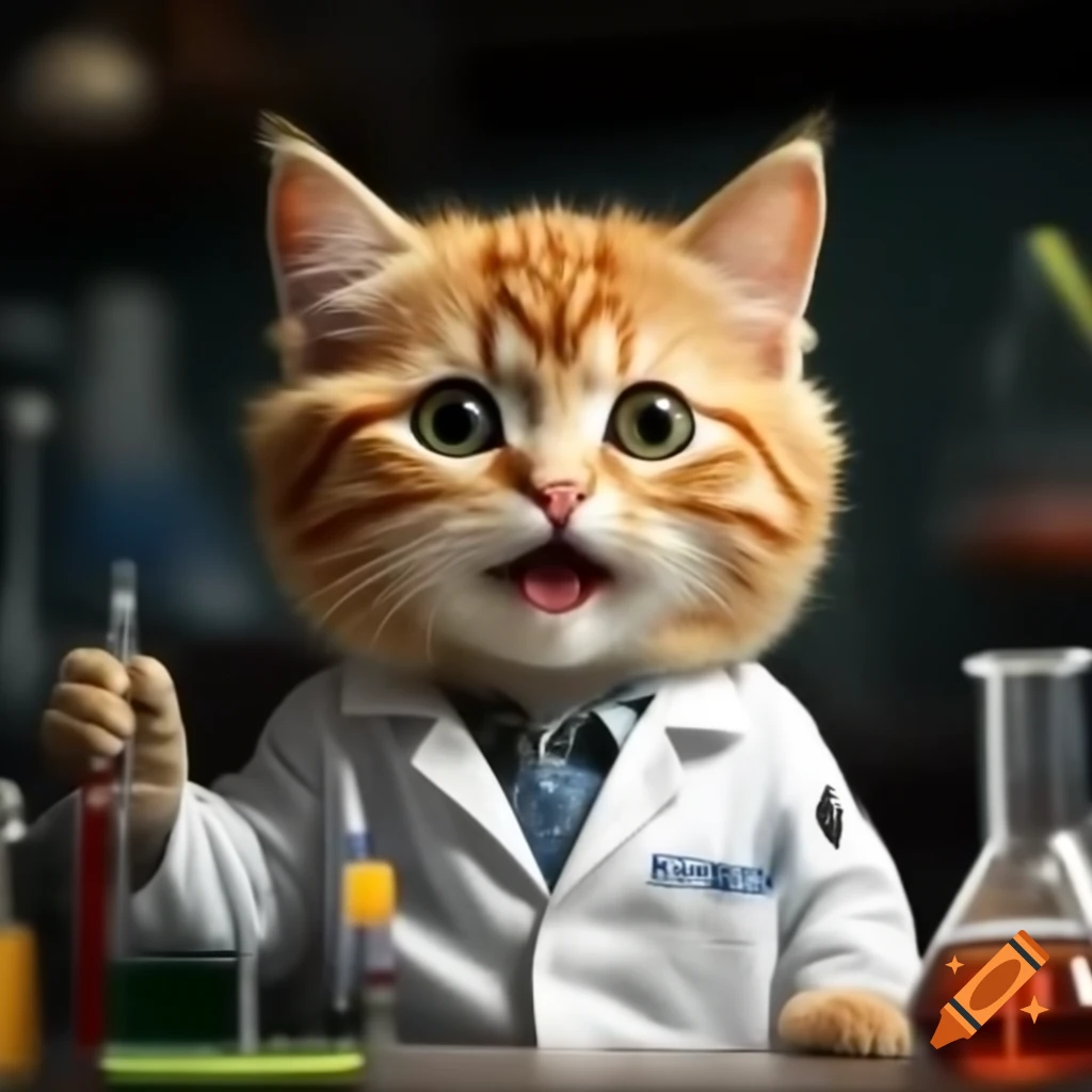 Orange tabby cat in lab coat holding test tube in pathology lab