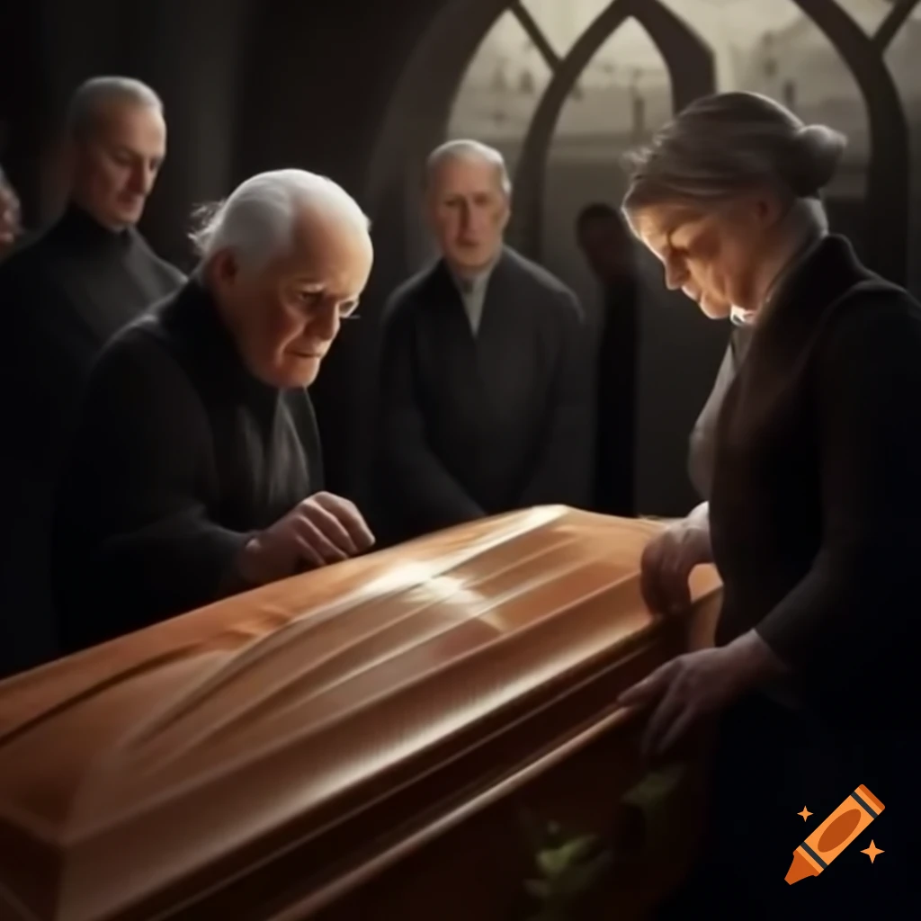 Old man grieving near coffin of his wife