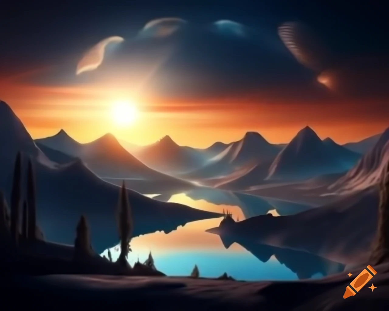 Photorealistic 3D render of mountain lake at sunset with sun rays and island