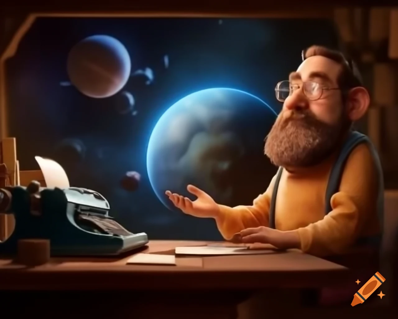 Bearded man humorously communicating with the planet using an old typewriter
