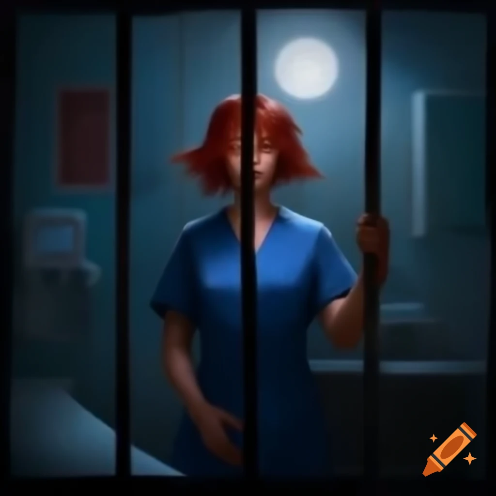 Young woman in doctor's uniform standing in dark cell illuminated by moonlight