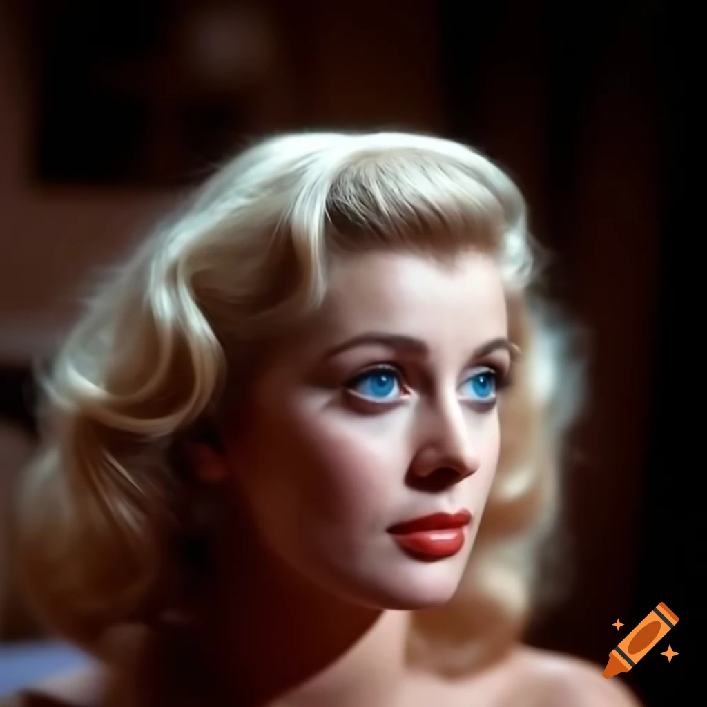 Hyper-realistic retro photo of beautiful European actress from 1963 with blue eyes and wavy golden hair