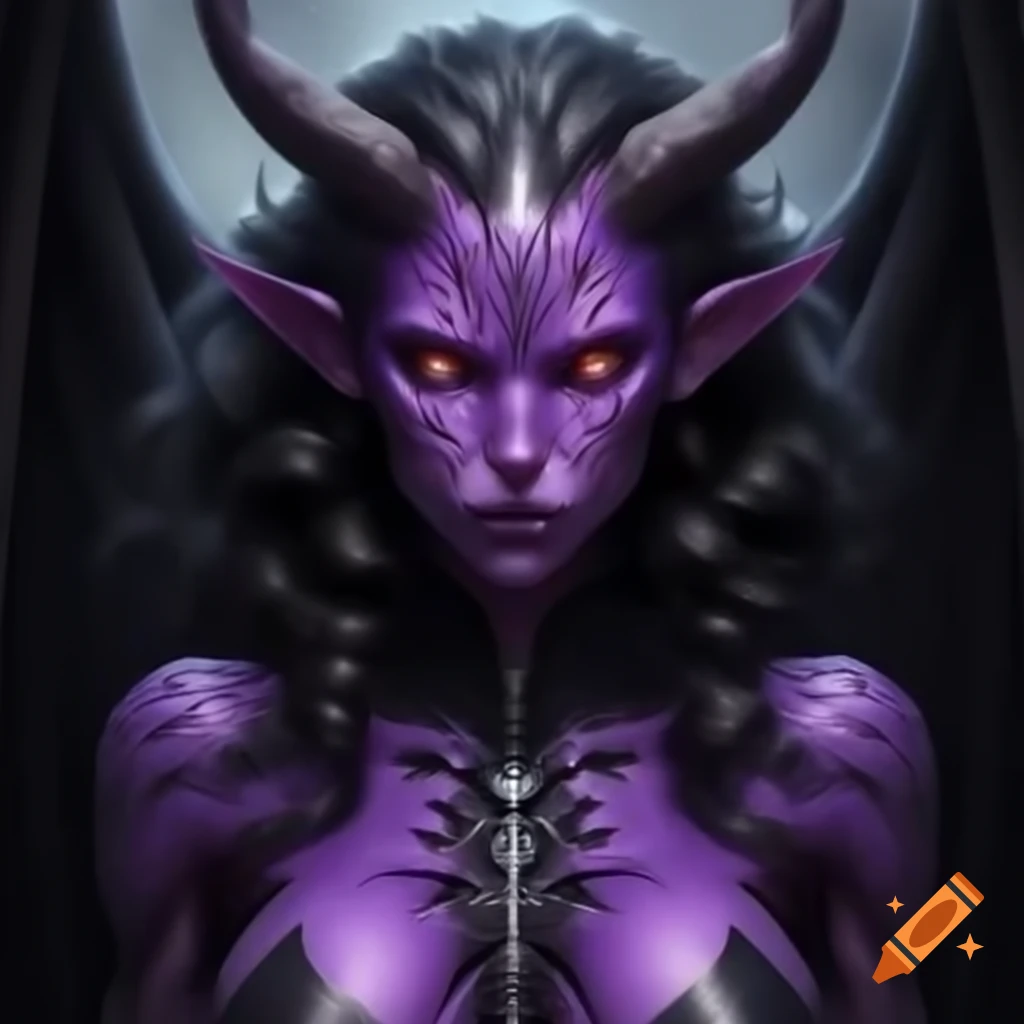 Female demon with purple skin, black hair, silver eyes, and purple wings